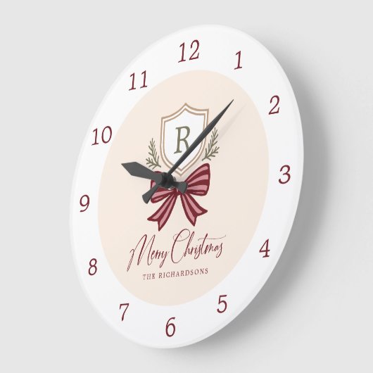 Personalized Rustic Monogram Crest Bow Christmas Große Wanduhr (Winkel)