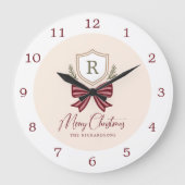 Personalized Rustic Monogram Crest Bow Christmas Große Wanduhr (Vorderseite)