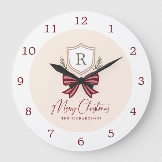 Personalized Rustic Monogram Crest Bow Christmas Große Wanduhr (Vorderseite)
