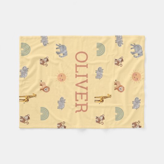 Personalized Safari Animal Baby Blanket with Name Fleecedecke (Vorderseite (Horizontal))