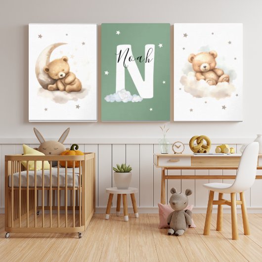 Personalized Sage Green Bear Nursery Decor Bilderwand Sets