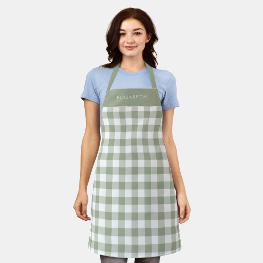 Personalized Sage Green Gingham Check Pattern Schürze (Getragen)