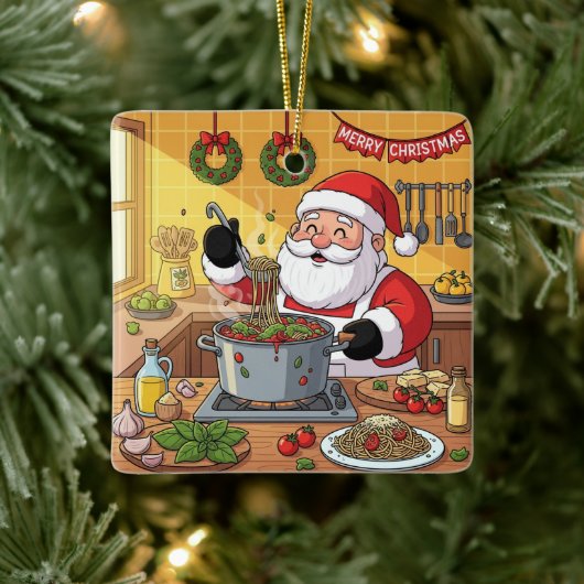 Personalized Santa Chef Pasta Night Keramikornament (Baum)