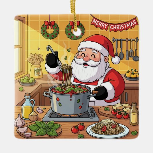 Personalized Santa Chef Pasta Night Keramikornament (Vorderseite)