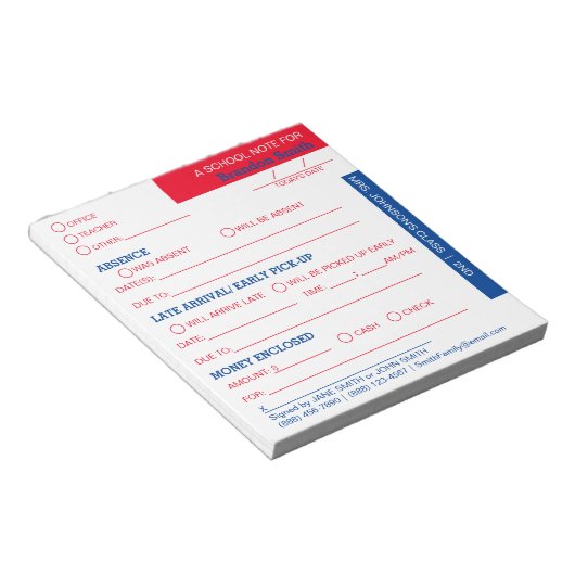 Personalized School Student Parent Notepad Notizblock (angewinkelt)
