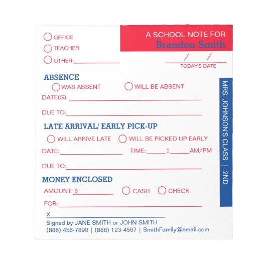 Personalized School Student Parent Notepad Notizblock (Vorderseite)