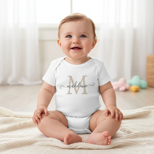 Personalized Script Name Monogram Beige Baby Strampler