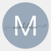 Personalized Script Name Monogram Dusty Blue Runder Aufkleber (Vorderseite)