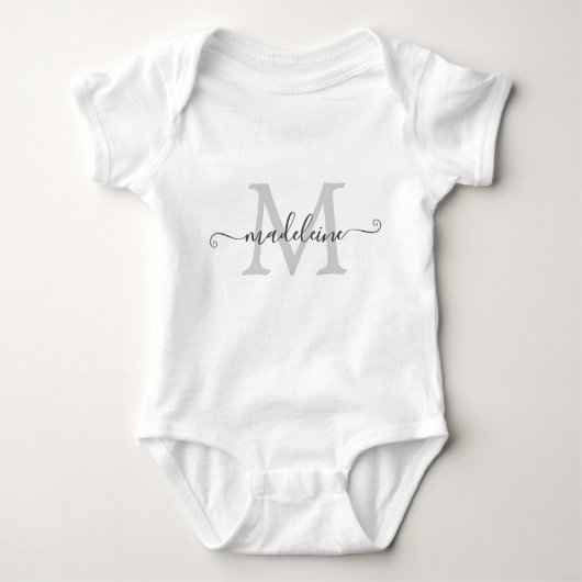 Personalized Script Name Monogram Silver Gray Baby Strampler (Vorderseite)