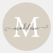 Personalized Script Name Monogram Warm Beige Runder Aufkleber (Vorderseite)