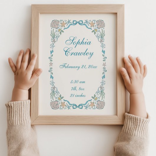 Personalized Seashells Ribbon Birth Info Poster