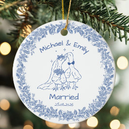 Personalized Silly Goose Married Cute Blue Wedding Keramik Ornament