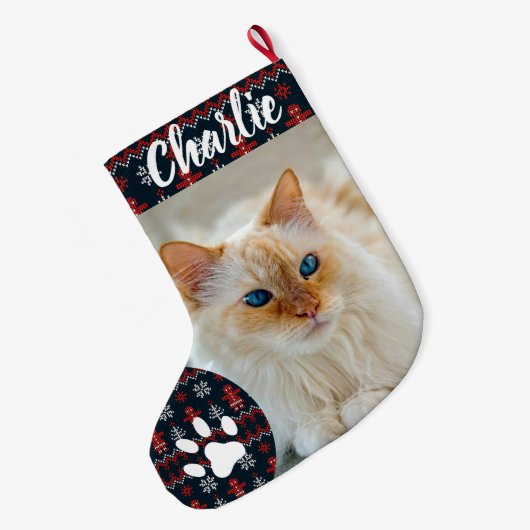 Personalized Simple Paw Pet Photo Monogram Name Großer Weihnachtsstrumpf (Rückseite (Hängend))