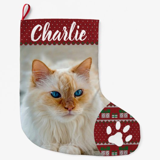 Personalized Simple Paw Pet Photo Monogram Name Großer Weihnachtsstrumpf (Vorderseite)