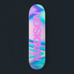 Personalized Skateboard Name Pink Girly Modern<br><div class="desc">Easily personalize this colorful Skateboard on Pink Girly Modern Holographic Rainbow Pastel Wave abstract design featuring black and cool ohne serif machen on Unicorn aesthetic with a modern and cute touch of fairy. Add your name,  choose machen,  wechseln size and position,  add clipart,  fotos and shapes.</div>