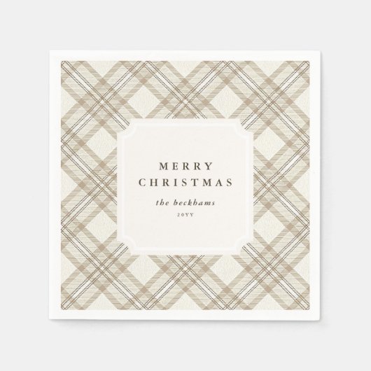 Personalized Soft Beige Gingham Merry Christmas Serviette (Vorderseite)