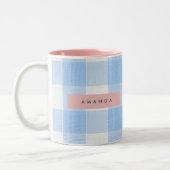 Personalized Soft Pastel Sky Blue Gingham  Zweifarbige Tasse (Links)