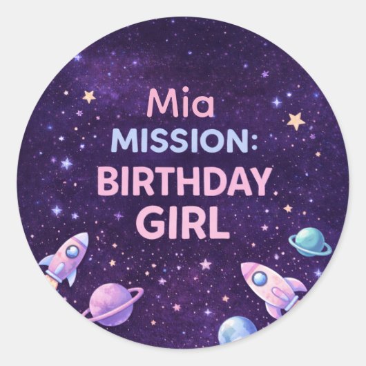 Personalized Space Birthday Girl Party Sticker (Vorderseite)