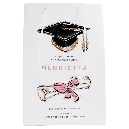 personalized Sparkling Graduation Cap Diploma Pink Mittlere Geschenktüte (Vorderseite)