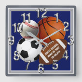 Personalized, Sports Themed Wall Clock, for Sale Quadratische Wanduhr (Vorderseite)