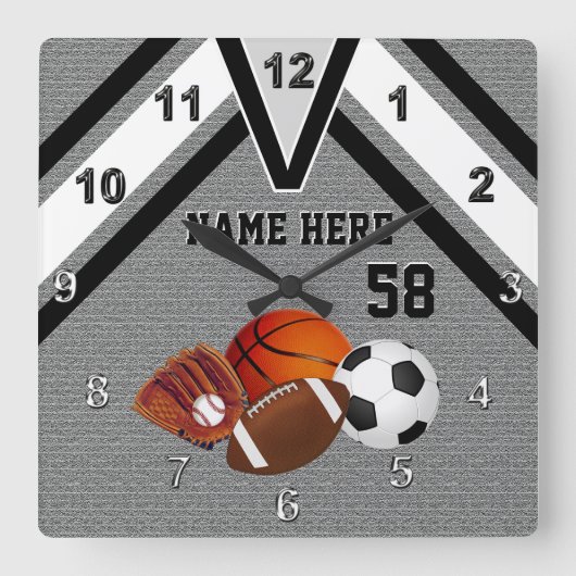 Personalized Sports Wall Clock, Your Name, Number Quadratische Wanduhr (Vorderseite)