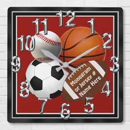 PERSONALIZED Sports Wall Clocks Your TEXT, COLORS Quadratische Wanduhr