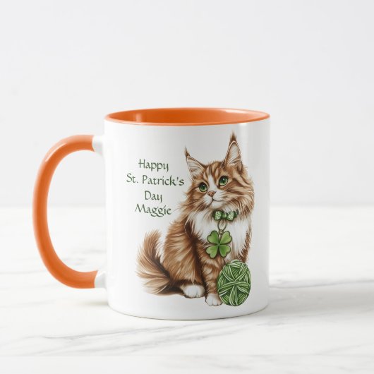 Personalized St. Patrick’s Day Long-Haired Cat Mug Tasse (Links)