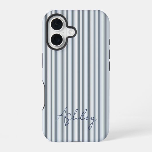 Personalized Striped Blue Tones Minimalist Chic iPhone 16 Hülle (Rückseite)