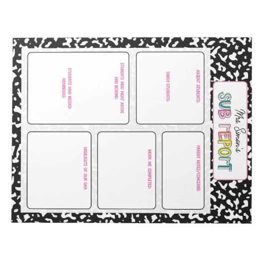 Personalized Substitute Teacher Report Note Notizblock (Vorderseite)