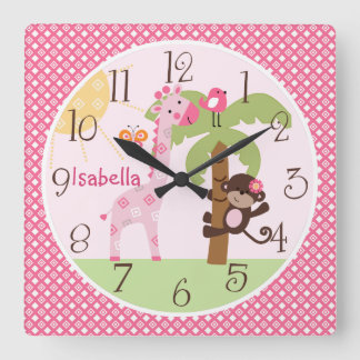 Personalized Sunny Monkey & Giraffe Nursery Clock Quadratische Wanduhr