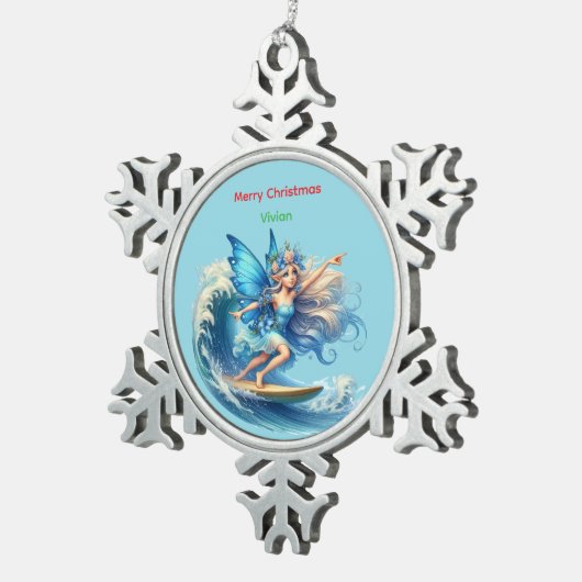 Personalized Surfer Fairy Christmas Snowflake Schneeflocken Zinn-Ornament (Rechts)