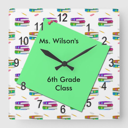 Personalized Teachers Books Green Paper Clock Quadratische Wanduhr (Vorderseite)