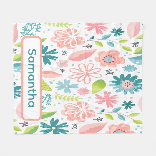 Personalized Teal and Pink Floral Fleecedecke (Vorderseite (Horizontal))