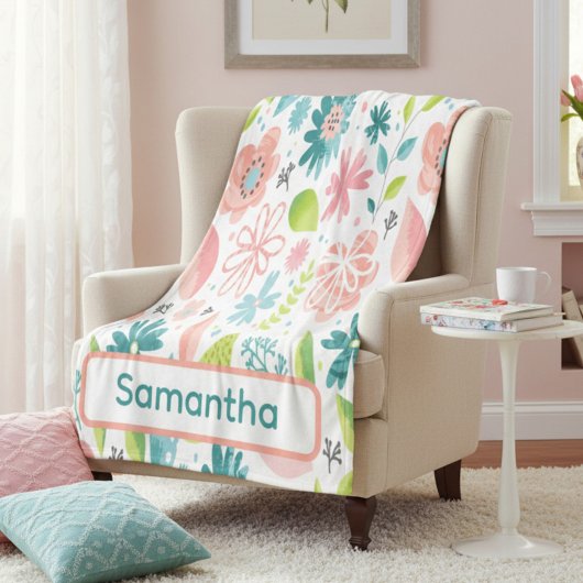 Personalized Teal and Pink Floral Fleecedecke