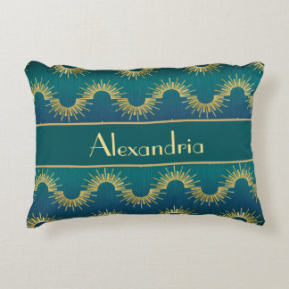 Personalized Teal & Gold Art Deco Sunburst Name Dekokissen