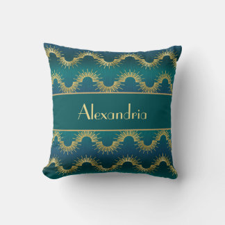 Personalized Teal & Gold Art Deco Sunburst Name Kissen