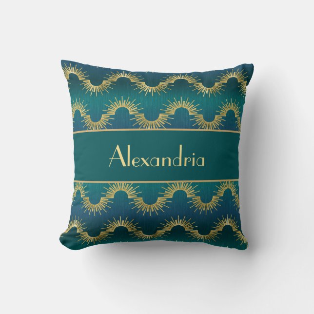 Personalized Teal & Gold Art Deco Sunburst Name Kissen (Vorderseite)