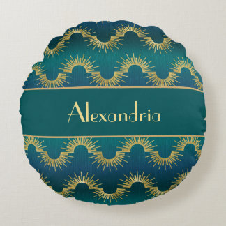 Personalized Teal & Gold Art Deco Sunburst Name Rundes Kissen