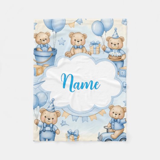 Personalized Teddy Bear Baby Blanket with Name Fleecedecke (Vorderseite)