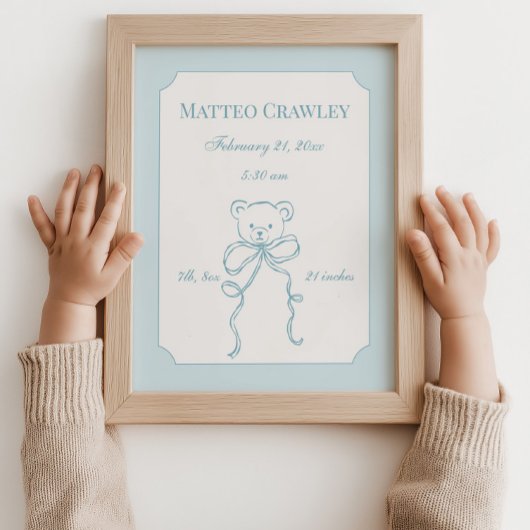 Personalized Teddy Bear Blue Birth Info Poster