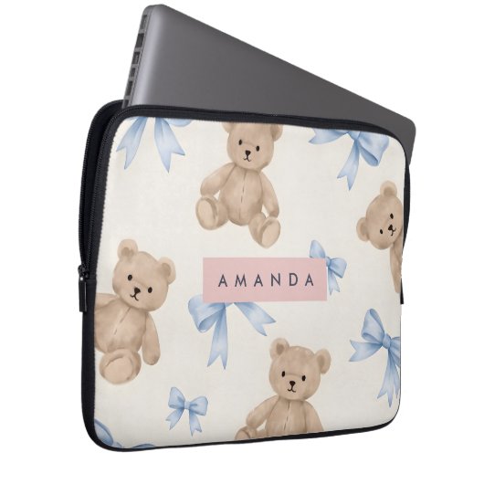 Personalized Teddy Bear & Blue Bow Pattern Laptopschutzhülle (Vorne Rechts)