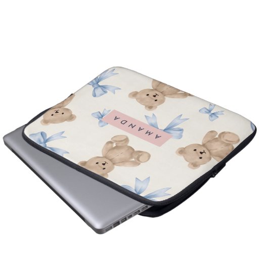 Personalized Teddy Bear & Blue Bow Pattern Laptopschutzhülle (Vorne Knopf)