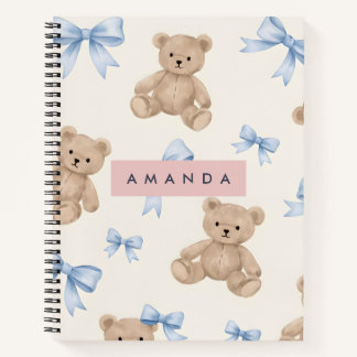 Personalized Teddy Bear & Blue Bow Pattern Notizblock