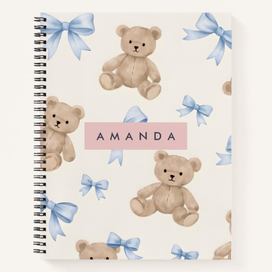 Personalized Teddy Bear & Blue Bow Pattern Notizblock (Vorderseite)