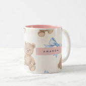 Personalized Teddy Bear & Blue Bow Pattern Zweifarbige Tasse (VorderseiteRechts)