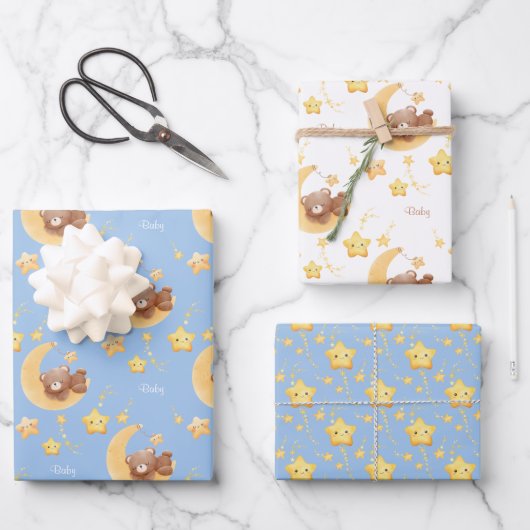 Personalized Teddy Bear Moon Baby Shower Geschenkpapier Set (Vorderseite)