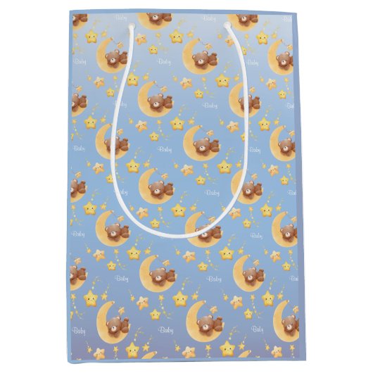 Personalized Teddy Bear Moon Soft Blue Baby Shower Mittlere Geschenktüte (Vorderseite)