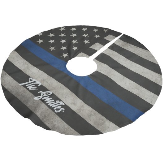 Personalized Thin Blue Line American Flag Polyester Weihnachtsbaumdecke (Schrägansicht)