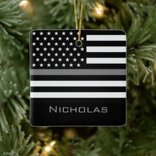 Personalized Thin Gray Line Flag Keramikornament