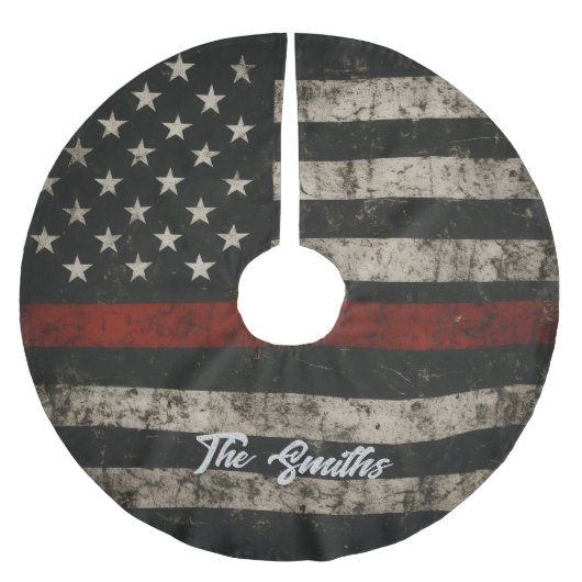 Personalized Thin Red Line American Flag Polyester Weihnachtsbaumdecke (Vorderseite)